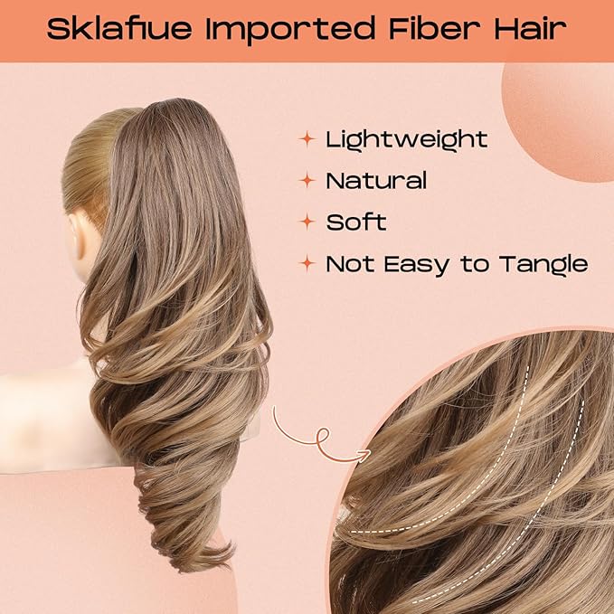 SEIKEA Ponytail Extension, 18" Wavy Claw Clip in Hair Extensions for Women, Lightweight Fluffy Synthetic Ponytail Hairpiece, Natura Soft & Easy to Wear, for Short & Medium Hair Brown to Blonde