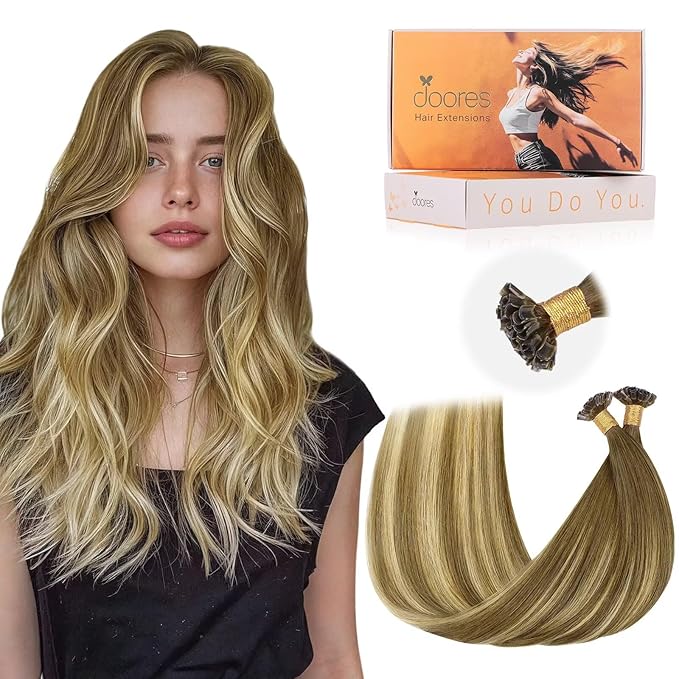 Doores Keratin Tip Extensions, Medium Brown Highlighted Dirty Blonde 24 Inch 50g/50s, Remy Hair Extensions, U Tip Hair Extensions Human Hair