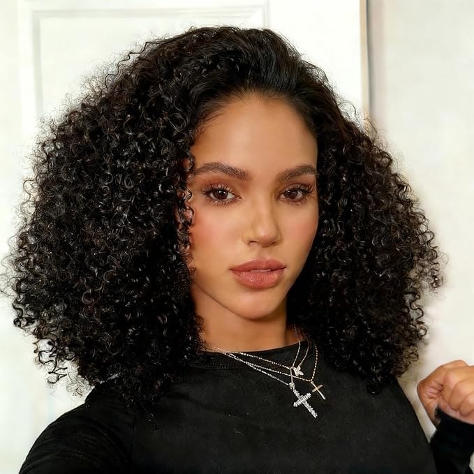 SENSAIRUITE Deep Wave Half Wig Human Hair Curly Half Wigs for Women - Upgrade Drawstring 3 in 1 Seamless Flip Over Glueless Wig 16-inch Natural Black