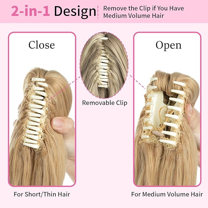 Ponytail Hair Extensions, 12 Inch Claw Clip Ponytail Hair Extensions for Women, Chin Clip Wigs, Soft Synthetic Wigs-Light Honey Blonde