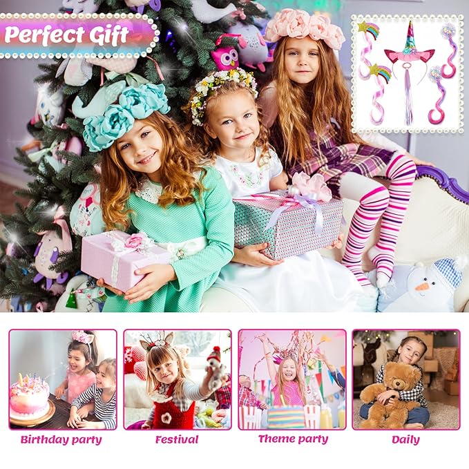 Jomi & Jolly 6 PCS Hair Accessories Set for Girls, Little Girl Colored Hair Tinsel Clips in Extensions, Princess Dress up Wigs, Cute Gifts and Costume Accessories for Little Princess (Unicorn)
