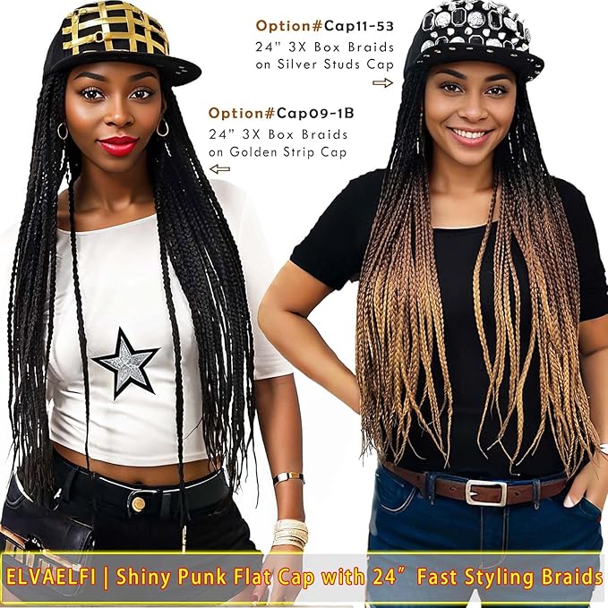 24inch Box Braid Hair Extensions Ombre Brown, Punk Studs Flat Baseball Cap Wigs for Women Girls Easy Wear
