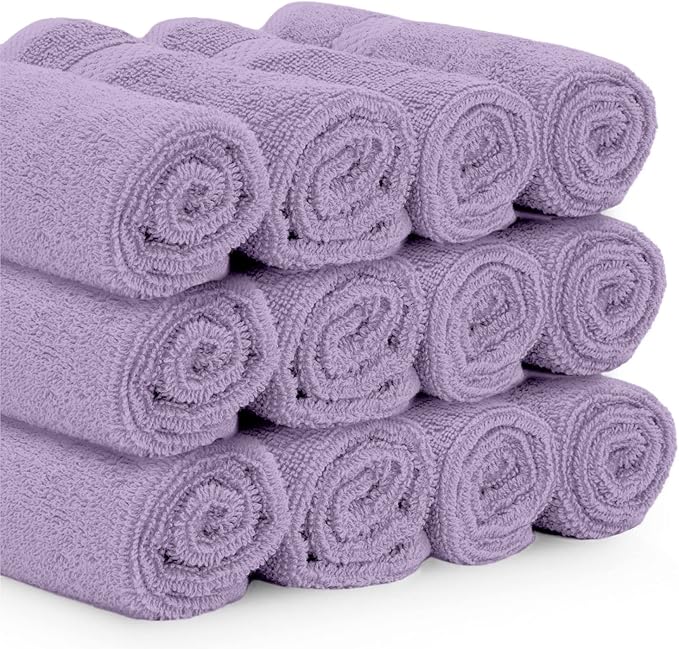 White Classic Luxury Cotton Washcloths 13x13 Inch - 650 GSM Turkish Cotton | Hotel, Spa, Bathroom Face Towel | 12 Pack, Lavender