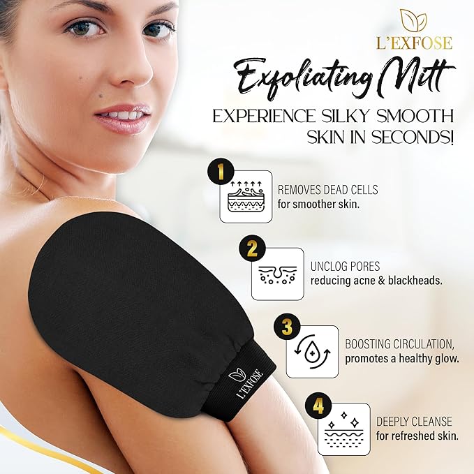L'Exfose Kessa Hammam Deep Exfoliating Glove for Shower - Korean Exfoliating Mitt Body Scrubber Ideal for Dead Skin Remover, Keratosis Pilaris & Self-Tanning (Black & Pink)