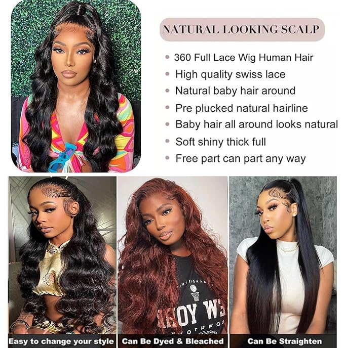 360 Lace Front Wigs Human Hair Body Wave Lace Front Wigs Human Hair Full Lace 200% Density Pre Plucked Wigs Transparent 360 Lace Wig for Women(22inch,360 Lace Wigs)