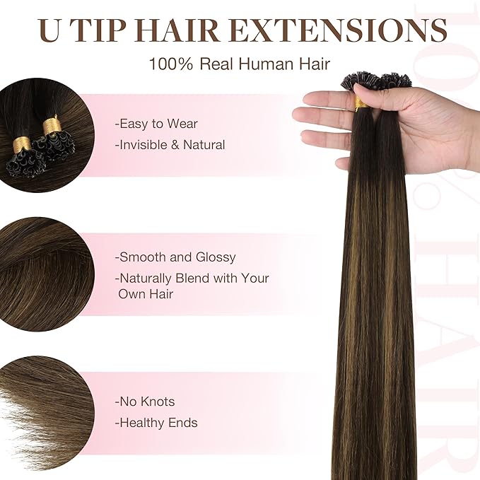 GOO GOO U Tip Hair Extensions Real Human Hair, 16inch 50g 50S, Hot Fusion U Tip Hair Extensions, Invisible Remy Hair Extensions, 2/6/2 Balayage Dark Brown to Chestnut Brown