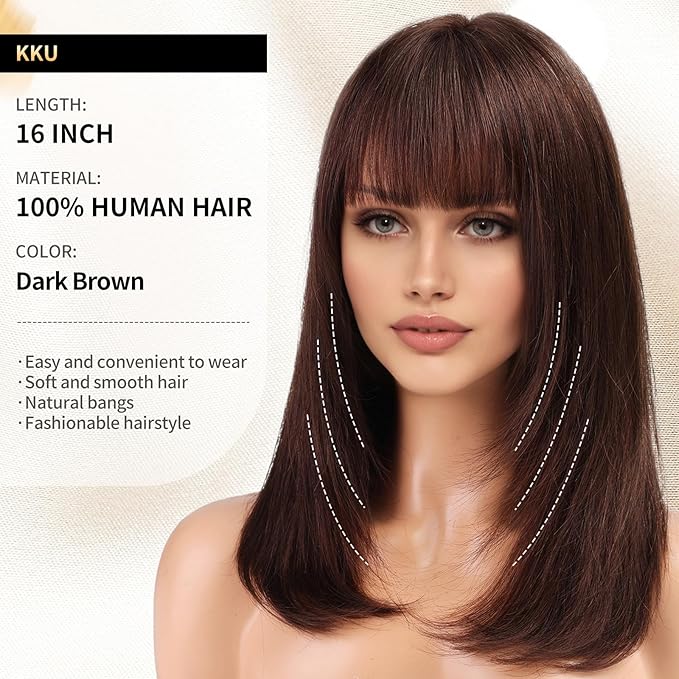 KKU 16 Inch Dark Brown Human Hair Wigs for Women,Layered Straight Hair Wig with Bangs,Wear Natural Realism