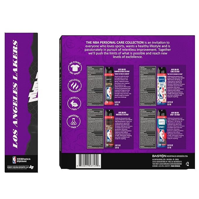 Above NBA – LOS ANGEKES LAKERS Deodorant Gift Set – A Giftable Set for LAKERS Fans – Antiperspirant Spray, 4 Signature Scents, 72h Protection, Dry Spray, No Stains – 5.07 oz, Pack of 4