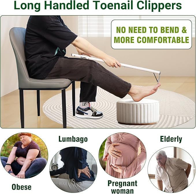 Long Handled Toenail Clippers，4mm Large Opening/No Need to Bending，for Seniors, Overweight, Disabled and Pregnant.(34" / White)