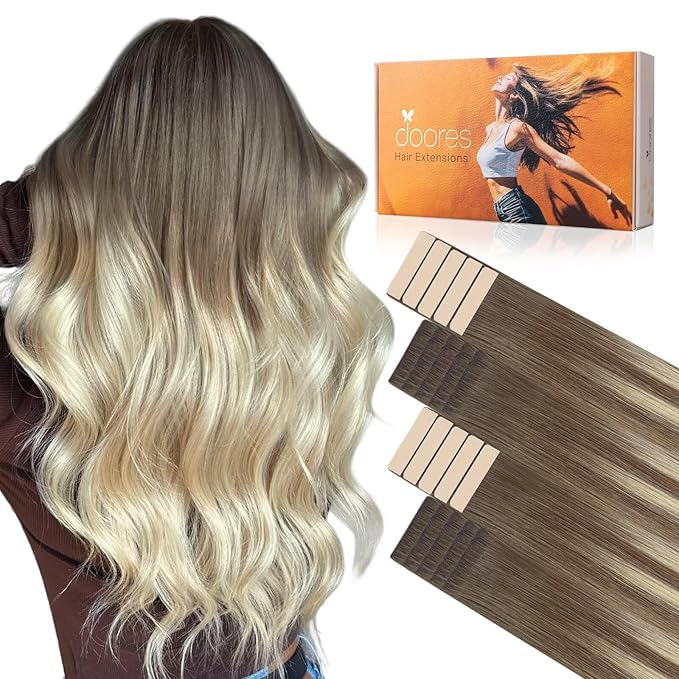 DOORES Invisi Edge Hair Extensions Real Human Hair Tape in, Ash Brown to Platinum Blonde 10 Injection Tape-ins with 10 Classic Tape-ins 50g 16 Inch, Injection Tape in Virgin Human