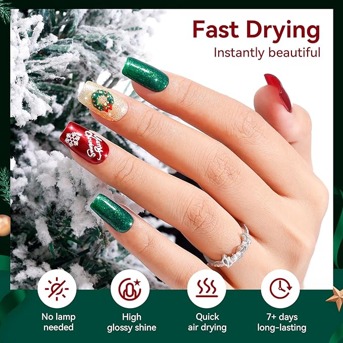 Christmas Nail Polish Set, 6 Colors Red Green Royal Blue Sparkle Gold Silver Nail Polish Kit, Salon-Quality, Hema-free, Non Gel, Quick Air Dry, Long-lasting DIY Nail Art Holiday Gift