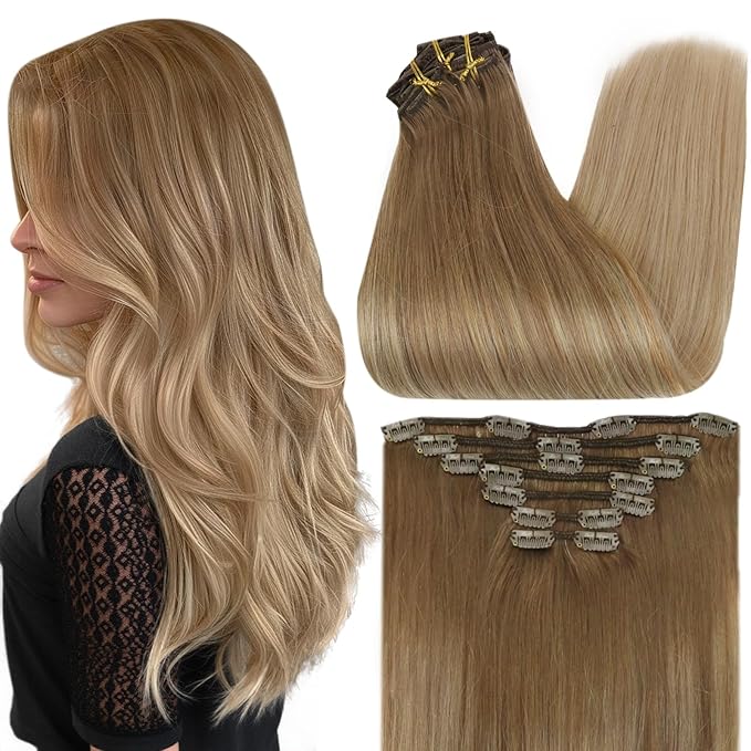 Full Shine Clip in Hair Extensions Golden Brown to Dirty Blonde Real Remy Hair Clip in Extensions Durable Human Hair Extensions 16 Inch Hairpiece for Women 7 Pcs