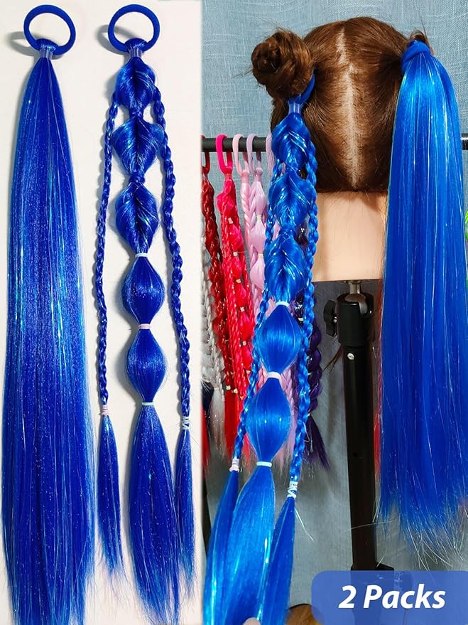Colored Hair Extensions Royal Blue Ponytail Extension 2 Packs, 20 inch Crazy Hair Day Accessories for Women, DIY Festival Wacky Rave Braids, Tinsel Mixed