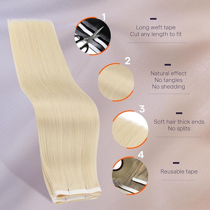 Full Shine Blonde Hair Extensions Human Hair Color 60 Blonde Tape in Extensions PU Long Genius Weft Hair Extension Wide Tape Invisible Adhesive 50G 18Inch Cuticles Aligned Bridal Hairstyles Natural