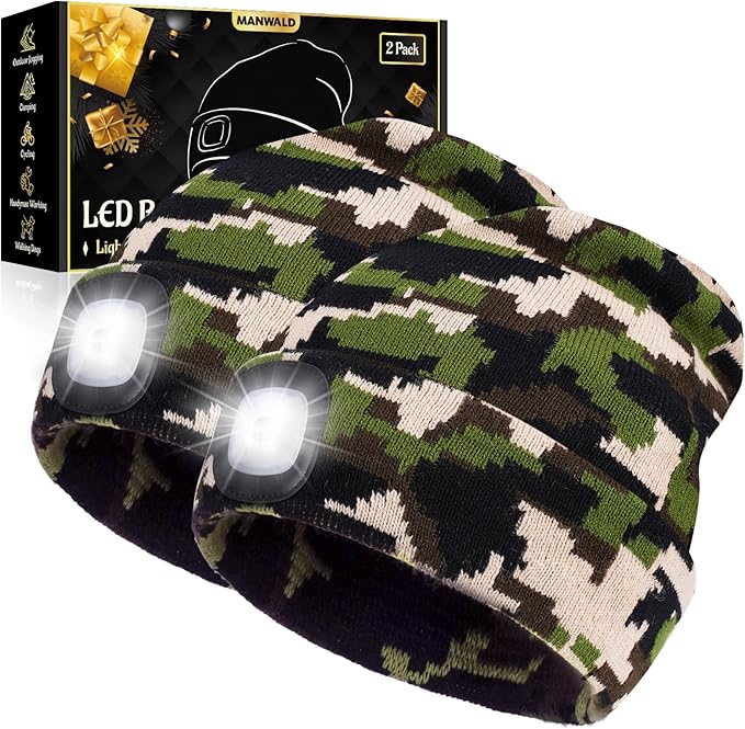 LED Beanie Hat with Light, USB Rechargeable LED Headlamp, Christmas Stocking Stuffers for Men Adults, Gifts for Men Him Husband, Camouflage, 2PCS