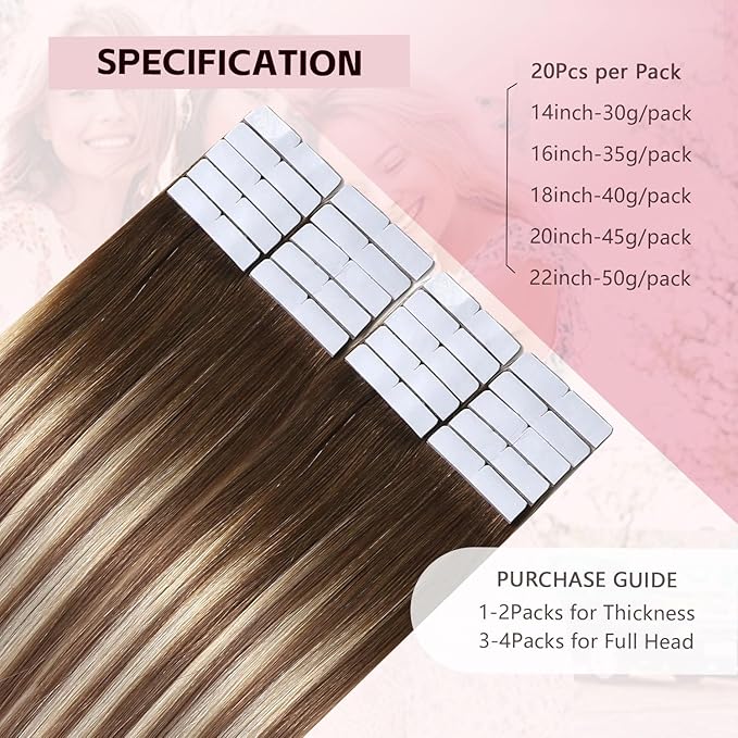 3rd-Generation Invisible Tape in Hair Extensions Real Human Hair #3/8/22 Walnut Brown to Ash Brown and Golden Blonde 20pcs 45g 20inch Injection Hand-Tied Tape ins Extensions（#3/8/22-20inch）