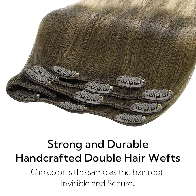 HOTBANANA Clip in Hair Extensions Real Human Hair, 135g 9pcs 16 inch Walnut Brown to Ash Brown and Bleach Blonde Straight Remy Clip in Extensions Full Head for Women