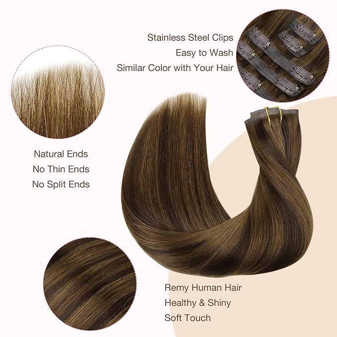 GOO GOO Clip in Hair Extensions Real Human Hair, Remy Human Hair Extensions Clip ins for Women, Natural Human Hair, 16inch 110g 7Pcs, 2C/4E/6C Brown Sugar Swirl Highlights