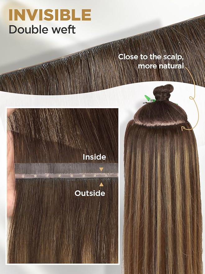 Twin Tab Butterfly Genius Weft Human Hair Extensions Latest Double Invisible Real 100% Remy Human Hair OVO Weft with Micro Bead Simulated Scalp Hair Extensions 100g 7ps 18 Inch Brown Highlight