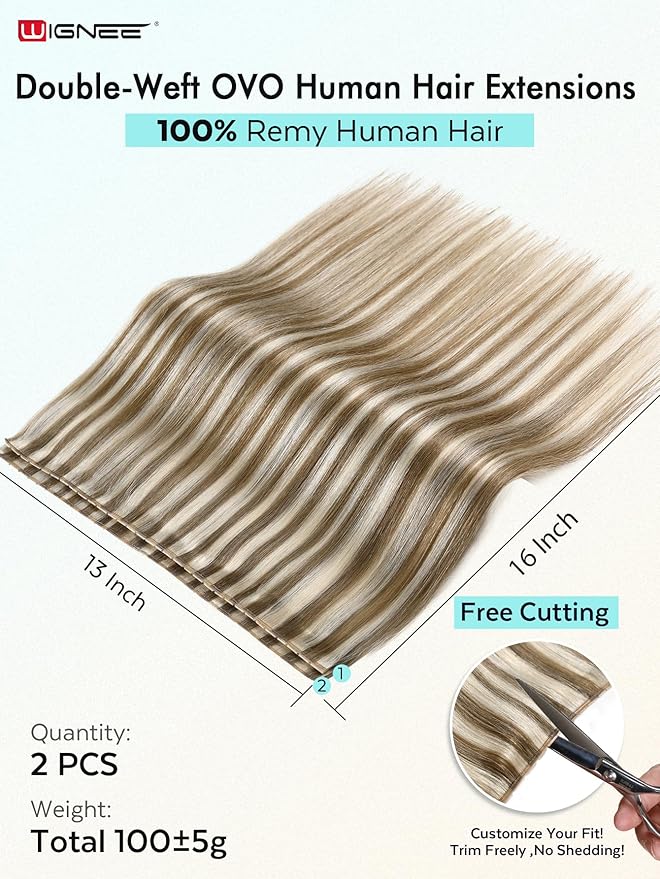 WIGNEE Double Invisible PU OVO Human Hair Extensions 100% Remy Hair Weft Black Hair Extensions Human Hair 2 PCS 16 Inch No Glue Genius Micro Bead Real Human Hair Extensions (9A/60)