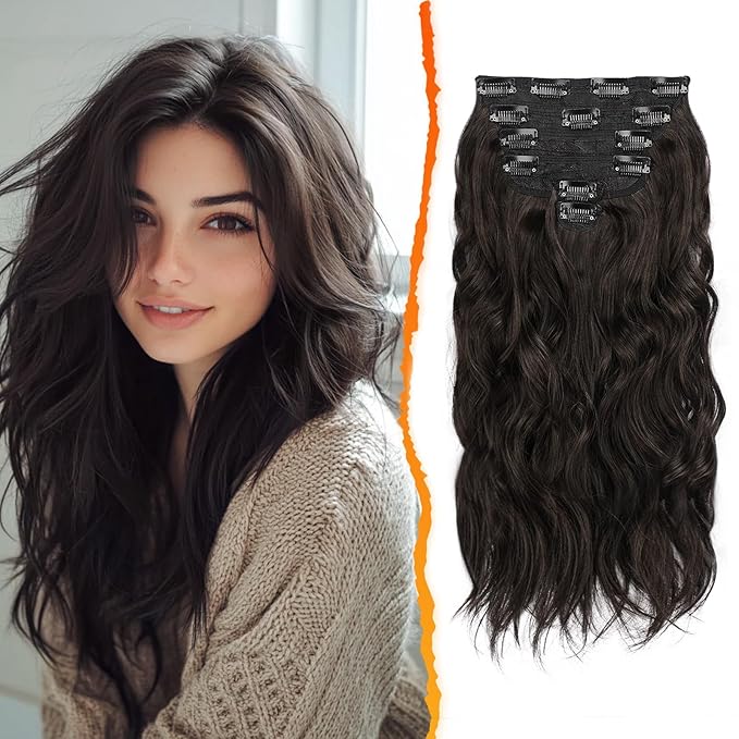 BARSDAR Beach Wavy Dark Brown Clip in Hair Extensions – 16 Inch 6PCS Thick Soft Synthetic Hairpieces, Full Head Clip in Hair Extensions for Women – Voluminous Easy Wear Daily Party - Dark Brown