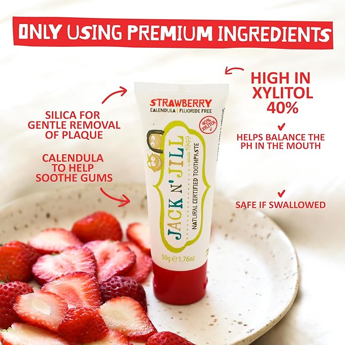 Jack N' Jill Natural Toddler Toothpaste - Fluoride Free Training Toothpaste for Toddlers 1-3, 40% Xylitol, BPA Free - Strawberry & Raspberry, 1.76 oz (2 Pack)