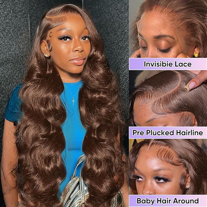 32 Inch Chocolate Brown Body Wave Lace Front Wigs Human Hair 200 Density 13x6 HD Lace Frontal Wigs Human Hair Brown Glueless Wig For Women Pre Plucked with Natural Hairline