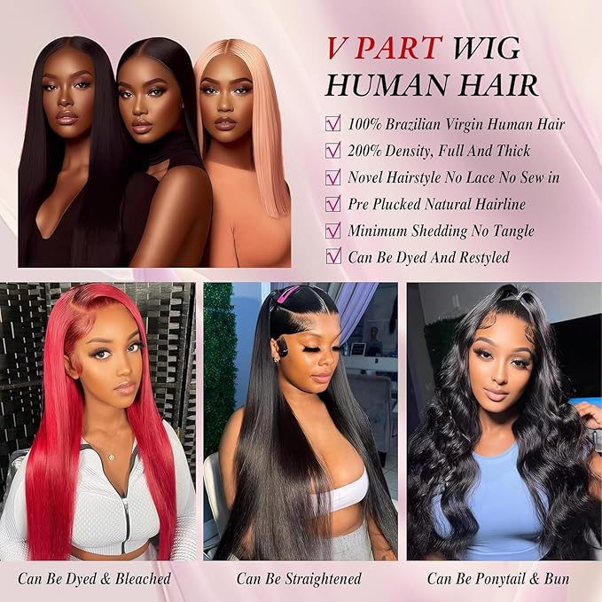V Part Wig Human Hair Straight Human Hair Wigs Upgrade U Part Human Hair Wig for Women No Leave Out No Sew In 200% Density Natural Color 26 Inch