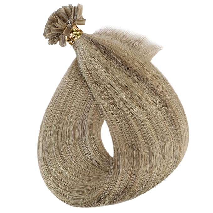 Fshine K Tip Hair Extensions Real Human Hair Remy Pre Bonded with Keratin Color 16 Golden Blonde Highlight & 22 Light Blonde U Tip 22 inch Extensions 50g/50s
