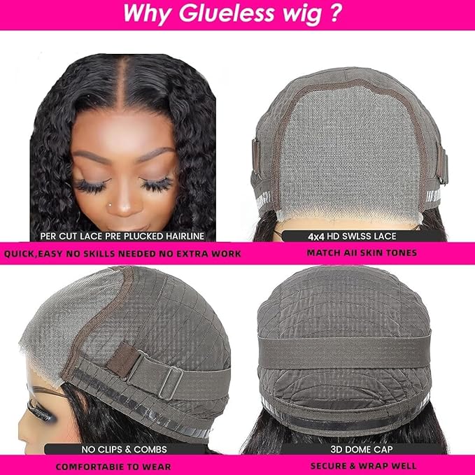 Glueless Wigs Human Hair Pre Plucked Pre Cut Deep Wave Bob Wig Human Hair 4x4 HD Lace Closure Wigs for Beginners 180% Density Natural Color 10 inch