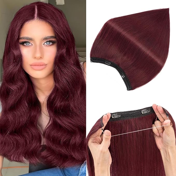 Halo Hair Extensions Real Human Hair,Halo Hair Extension 100% Human Hair, Wire Hair Extensions,Straight 99J Burgundy Wine Red 12inch/55g