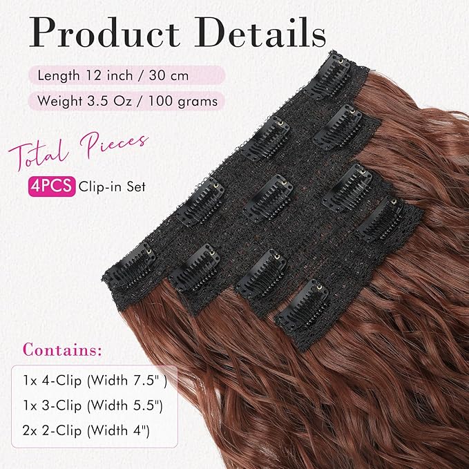 REECHO Clip in Hair Extensions - 4PCS 12" Short Curly Wavy Brown Hairpieces - Invisible Lace Weft - Natural Soft - Dark Copper