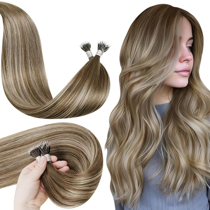LaaVoo Nano Bead Hair Extensions Medium Brown Fading To Platinum Blonde Nano Hair Extensions Human Hair 50s 50g 18 Inch