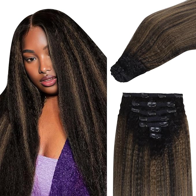 IDN BEAUTY Seamless Clip In Hair Extensions Human Hair, Kinky Straight 18 Inch 110g 7pcs, 1B/6/1B Balayage Natural Black to Chestnut Brown Remy Hair Seamless Clip Ins For Black Women PU Invisible Edge