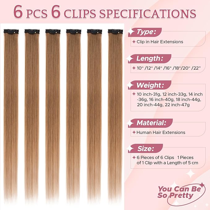 Clip in Hair Extensions Real Human Hair for Women, 14 Inch 36g 6pcs, Light Brown, Straight - Highlight, Add Volume and Length for Daily Wear, Parties, Weddings