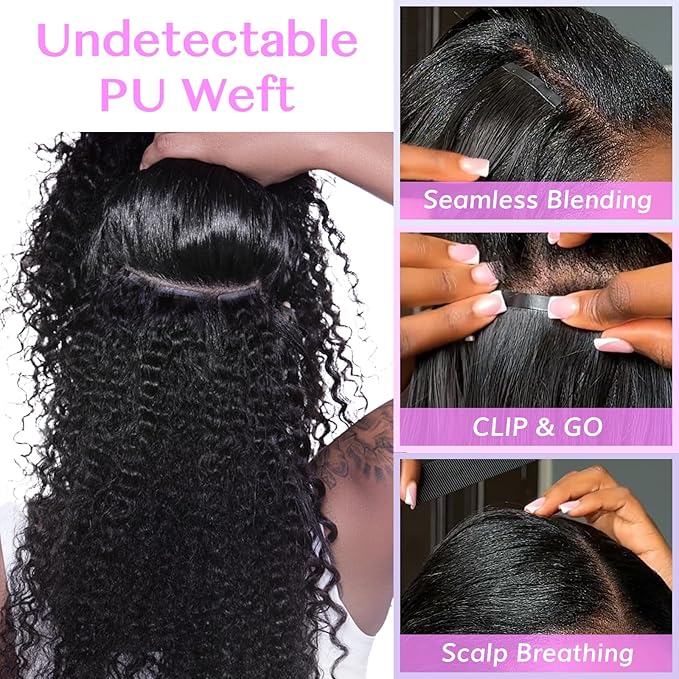 IDN BEAUTY Seamless Clip In Hair Extensions Human Hair, 4c Afro Kinky Curly 24 Inch 110g 7pcs Natural Black Seamless Curly Clip Ins Remy Hair Seamless Clip Ins For Black Women PU Weft Invisible Edge