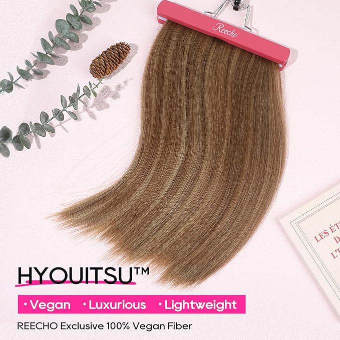 REECHO 16" Invisible Wire Hair Extensions with Thinner Softer Lace Weft Adjustable Size Removable Secure Clips in Short Straight Secret Hairpiece for Women - Light Brown with Blonde Highlights