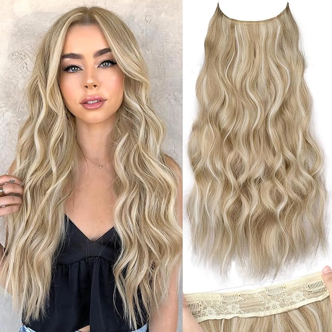 KooKaStyle Invisible Wire Hair Extensions with Transparent Wire Headband Adjustable Size 4 Secure Clips Long Wavy Hairpiece for Women(Beige Blonde mix Lvory Blonde Highlights 24inch)