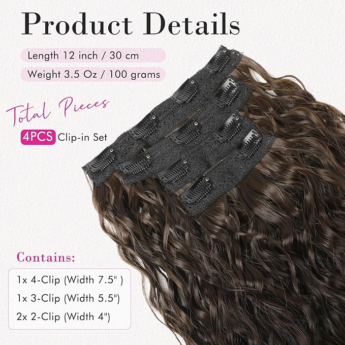 REECHO Hair Extensions, 4PCS Clip in Hair Extensions 12" Short Curly Wavy Brown Invisible Lace Weft Natural Soft Hairpieces for Women – Chestnut Brown