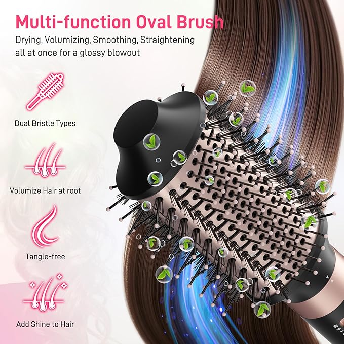 5 in 1 Dual Voltage Hot Air Styler - Professional Hair Dryer Brush for Fast Drying, Curling, Straightening & Volumizing | Low Heat Damage + Negative Ions + Travel-Friendly(Black + Pink)