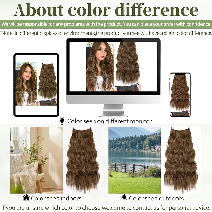 KooKaStyle Invisible Wire Hair Extensions with Transparent Wire Headband Adjustable Size 4 Secure Clips Long Wavy Hairpiece 24 Inch 10/12B#COCOA# for Women