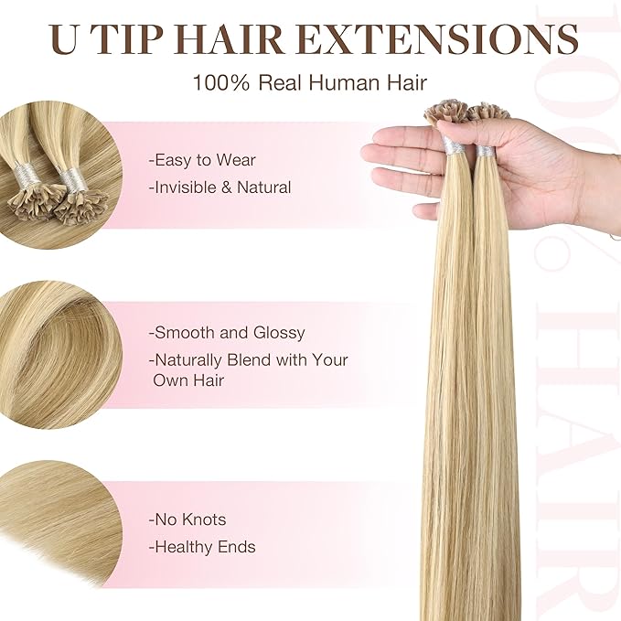 GOO GOO U Tip Hair Extensions, Real Human Hair, 22inch 50g 50S, Hot Fusion, Invisible Remy, 16/22 Light Blonde Highlighted Golden Blonde