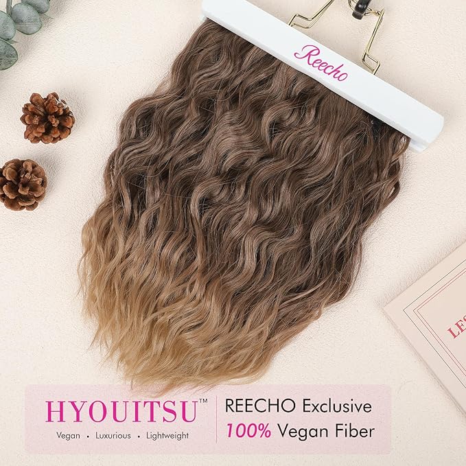 REECHO 4PCS Clip in Hair Extensions - 12" Short Curly Wavy Invisible Lace Weft Natural Soft Hairpieces for Women - Light Brown With Golden Ends