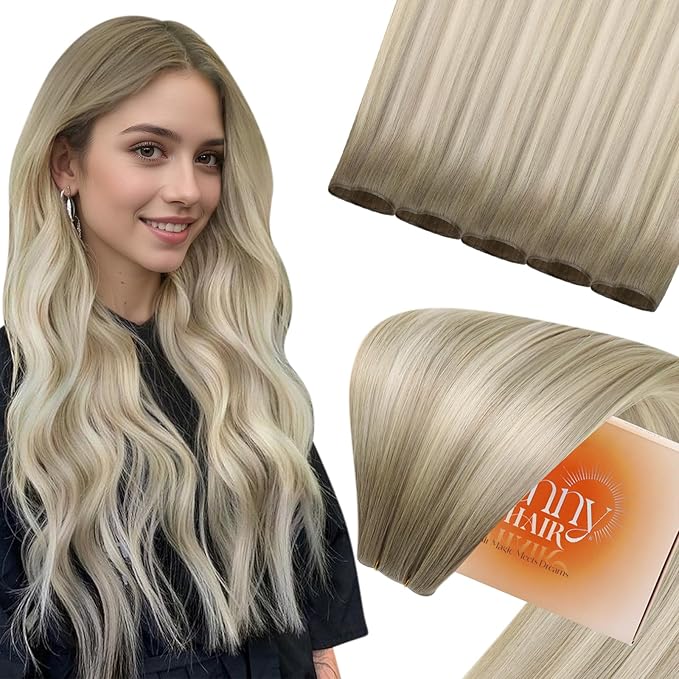 Sunny Hair Genius Weft Hair Extensions Human Hair Sew In Hair Extensions Real Human Hair Ash Blonde Roots to Platinum Blonde Ombre Invisible Weft Extensions Human Hair Long Straight 22 Inch 80G