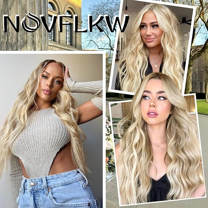 Blonde Highlights Invisible Wire Hair Extensions Long Wavy Synthetic Hairpiece with 4 Secure Clips for Women 20 Inch Clip in Hair Extensions