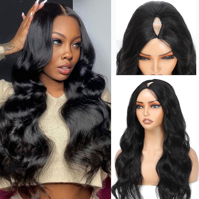 V Part Wig Human Hair Body Wave Upgrade U Part Human Hair Wig With Clips Glueless Wigs Human Hair Beginner Friendly V Shape Clip In Half Wigs for Women No Leave Out 32 Inch 180% Density