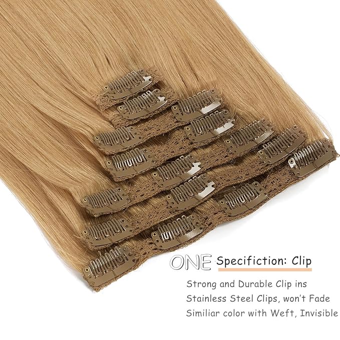 Caliee Hair Extensions Clip in Human Hair Caramel Blonde Seamless Clip in Hair Extensions Invisible Double Weft Real Human Hair for Full Head 120G 14 Inch Straight
