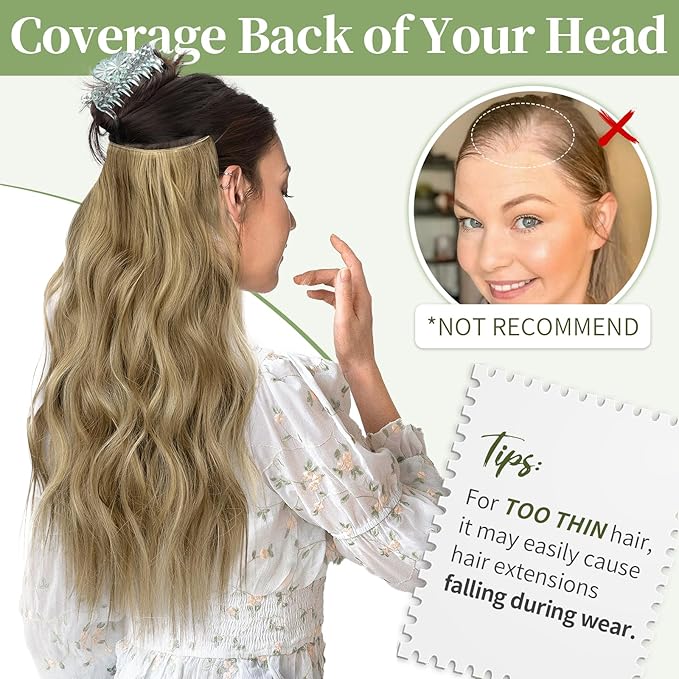 KooKaStyle Invisible Wire Hair Extensions with Transparent Headband Adjustable Size 4 Secure Clips Long Wavy Secret Wire Hairpiece for Women (20 Inch, Light Brown mix Golden Blonde)