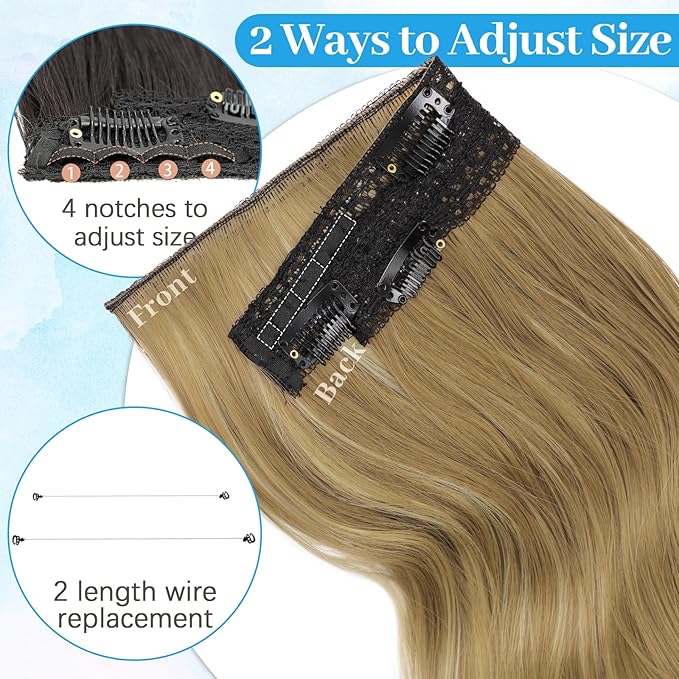 KooKaStyle Invisible Wire Hair Extensions Long Straight Layered Synthetic with Transparent Wire Adjustable Size 6 Secure Clips Hairpieces for Women(20 Inch,Honey Blonde with Platinum Highlights)