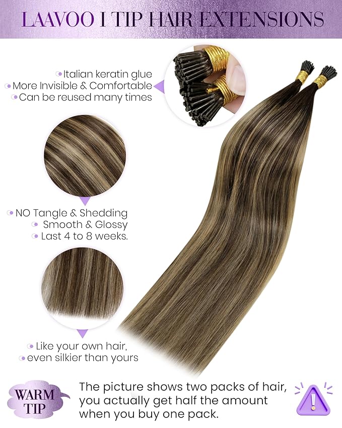 LaaVoo Hair Extension Real Human Hair 20inch I Tip, Balayage Dark Brown to Caramel Brown, 50g 50s